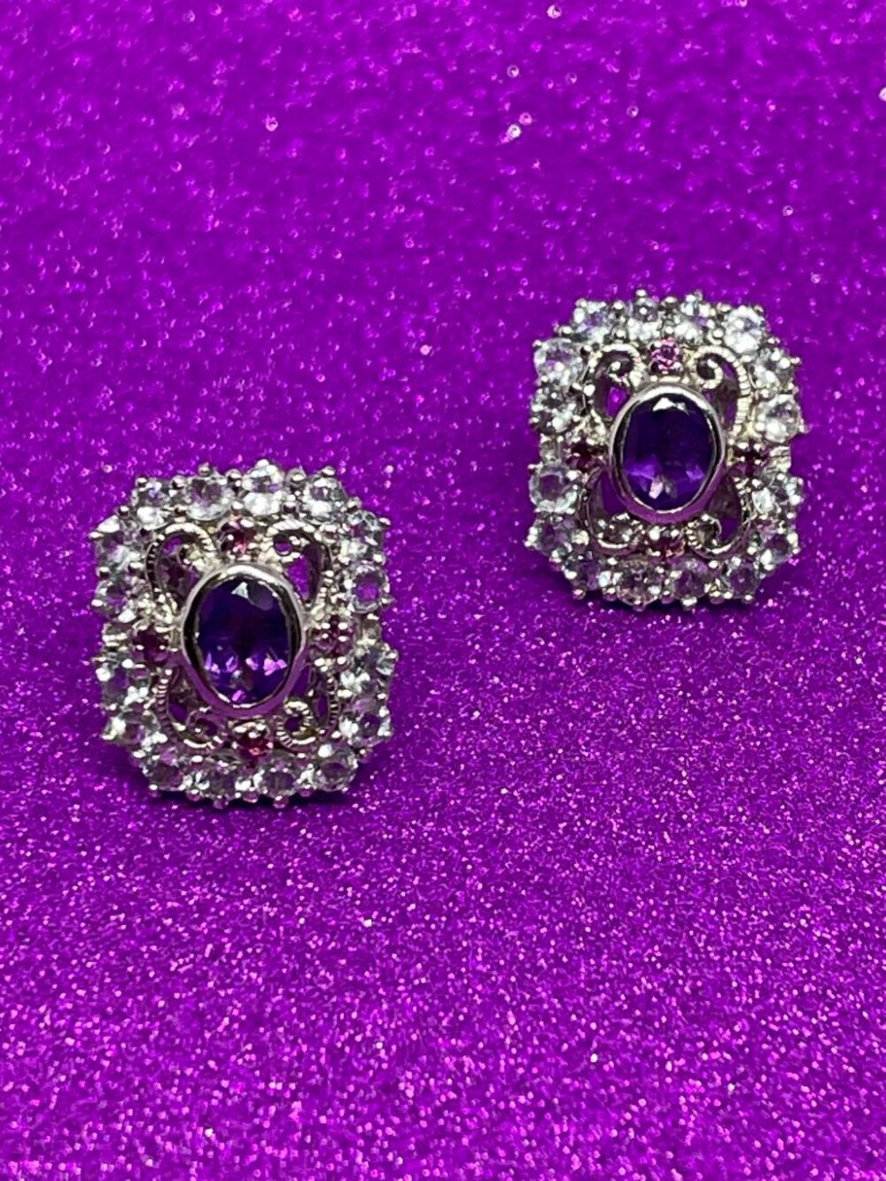 925 Sterling Silver Earrings wirh Natural Amethyst & Aquamarine Gemstone